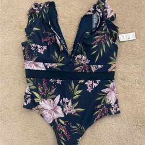Cupshe Navy One-Piece Swimsuit with Pink Floral Print